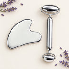 Silver facial roller and matching gua sha set