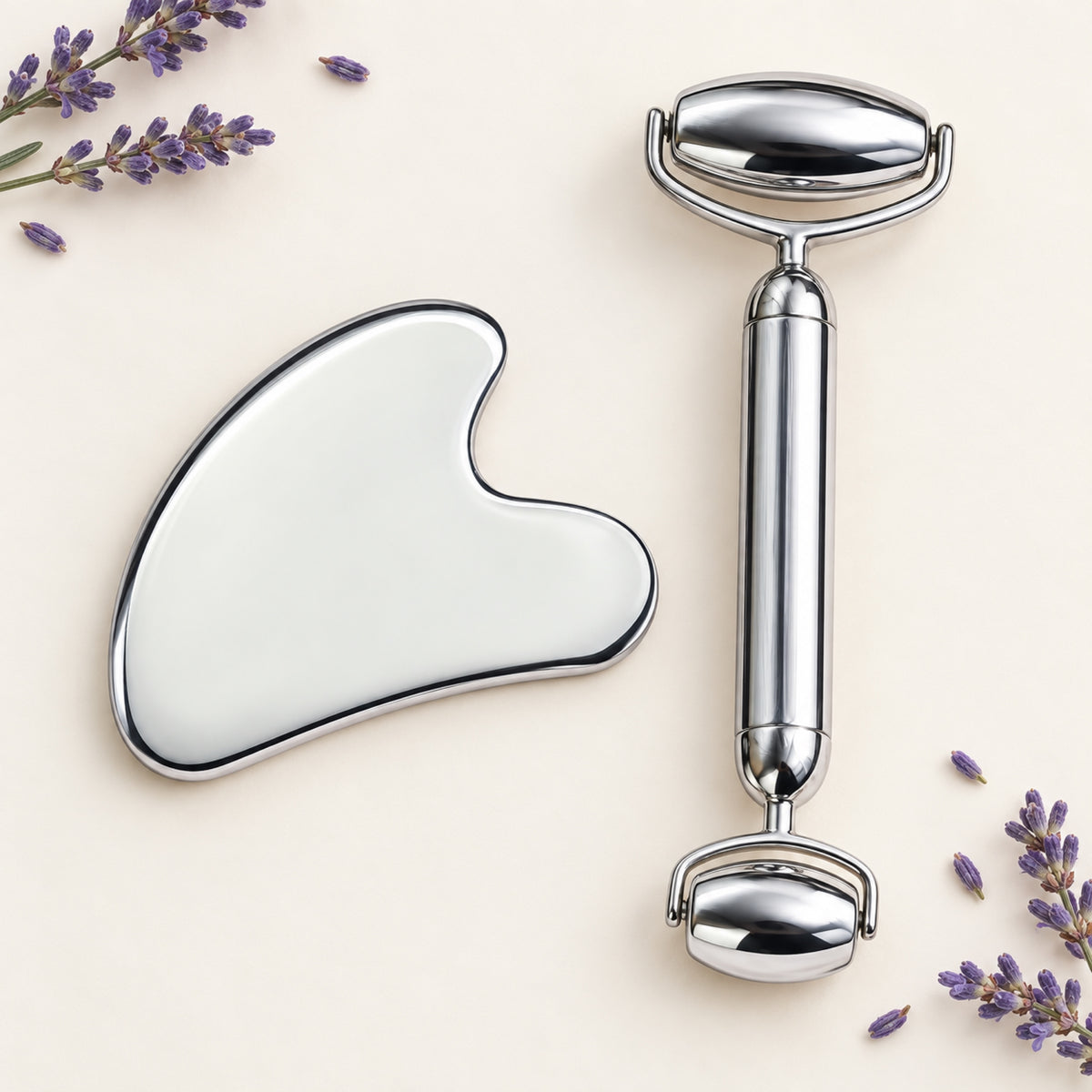Silver facial roller and matching gua sha set