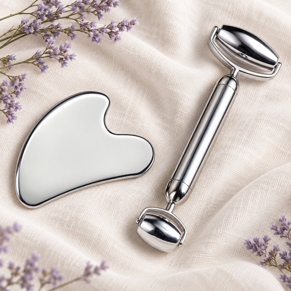 Silver facial roller and matching gua sha set