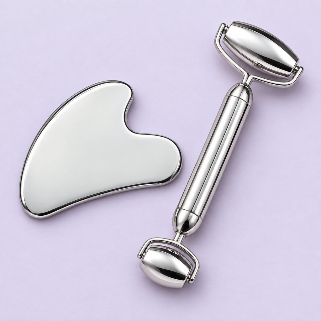 Silver facial roller and matching gua sha set