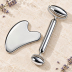Silver facial roller and matching gua sha set