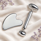 Silver facial roller and matching gua sha set