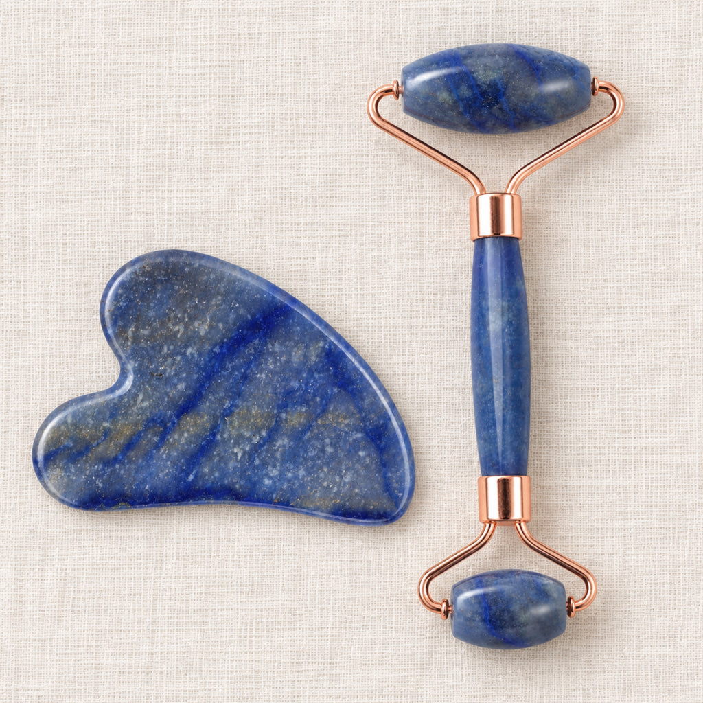 Gua Sha Facial Massage Stone w/ Roller - Blue Marble