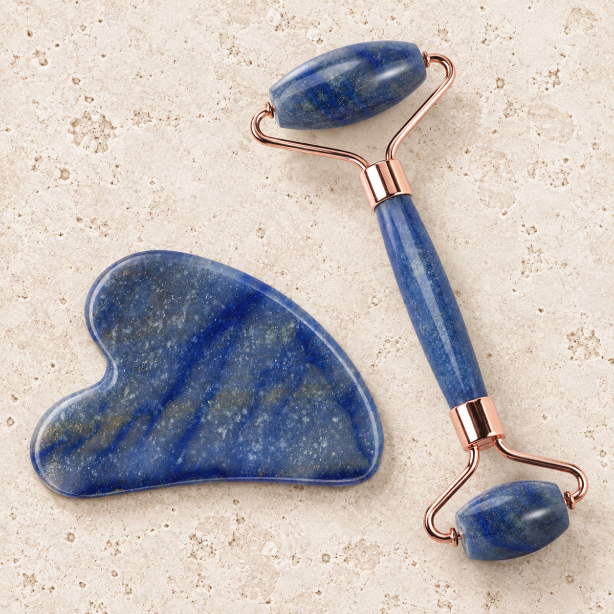 Gua Sha Facial Massage Stone w/ Roller - Blue Marble