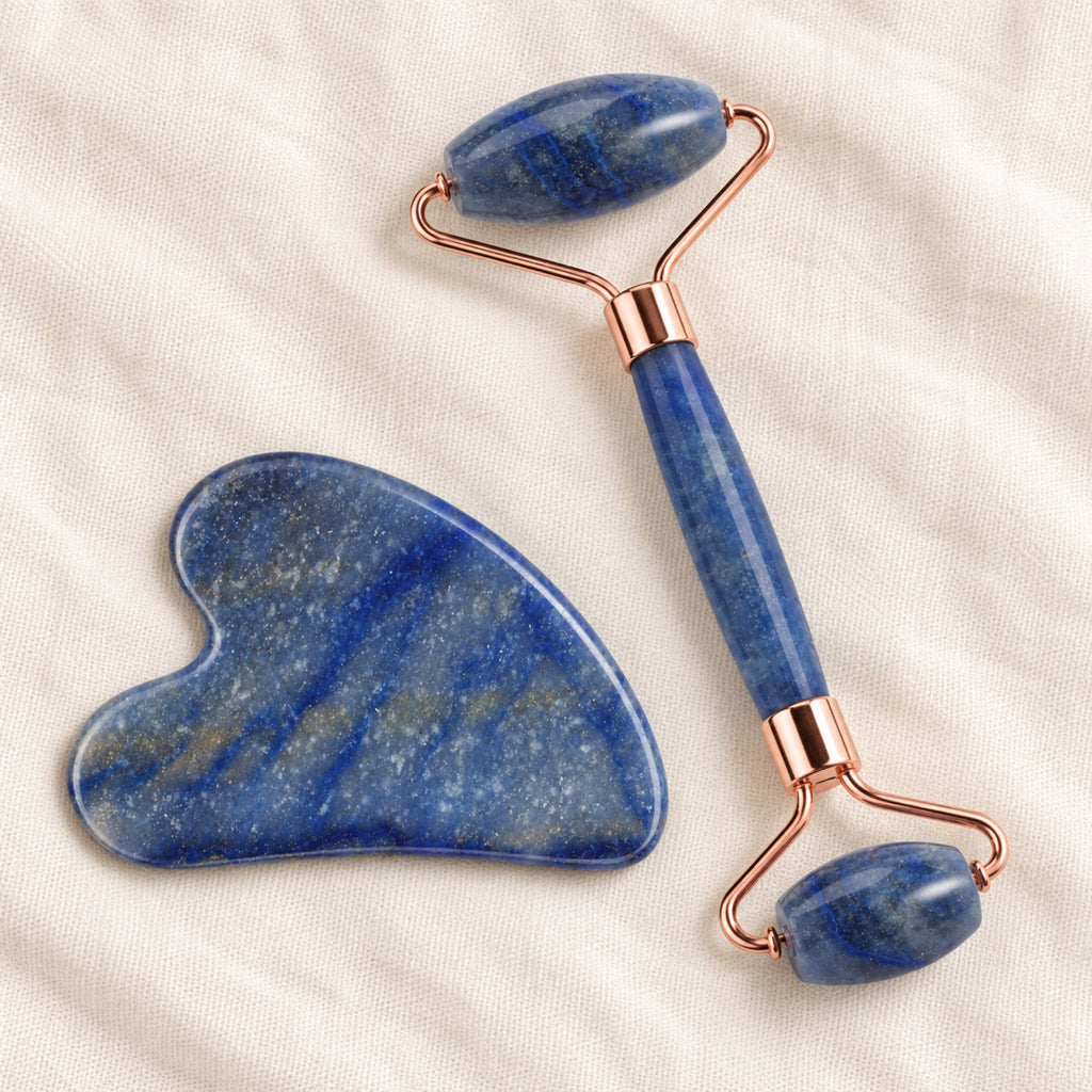 Gua Sha Facial Massage Stone w/ Roller - Blue Marble